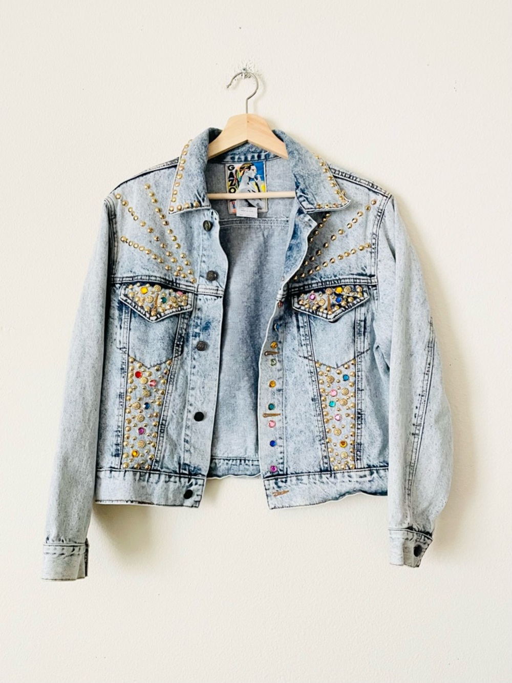 Vintage Gazoz SMALL embellished jewel acid wash distressed denim jacket in blue